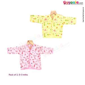 Mothers Choice  jablas front open full sleeve 100% hosiery cotton pack of 2 (0-3M) - pink & yellow with assorted cartoon print