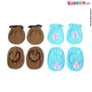 BEN BENNY mittens & booties set for babies yellow color with black stripes and blue color with fort patch (0-3M) age