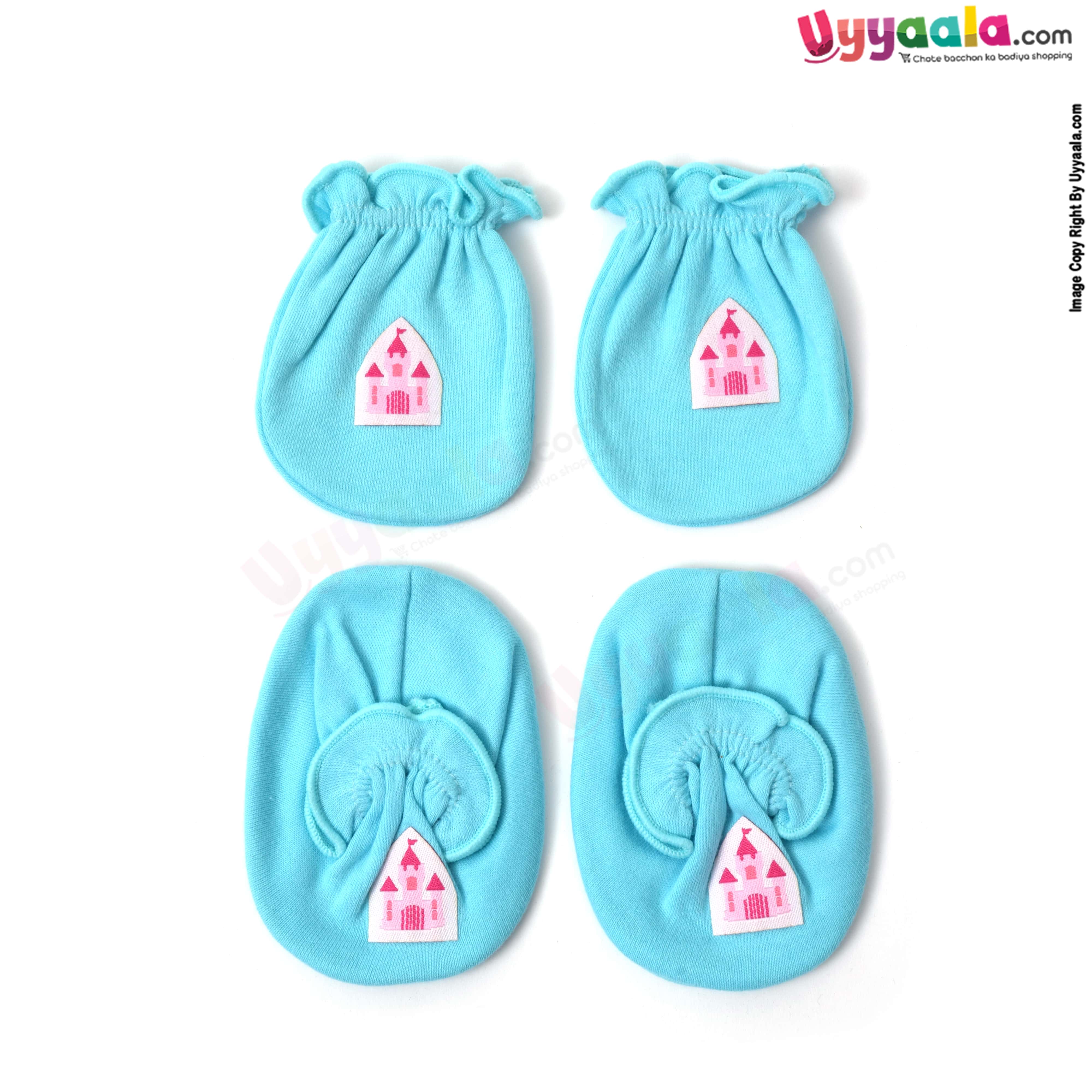 BEN BENNY mittens & booties set for babies yellow color with black stripes and blue color with fort patch