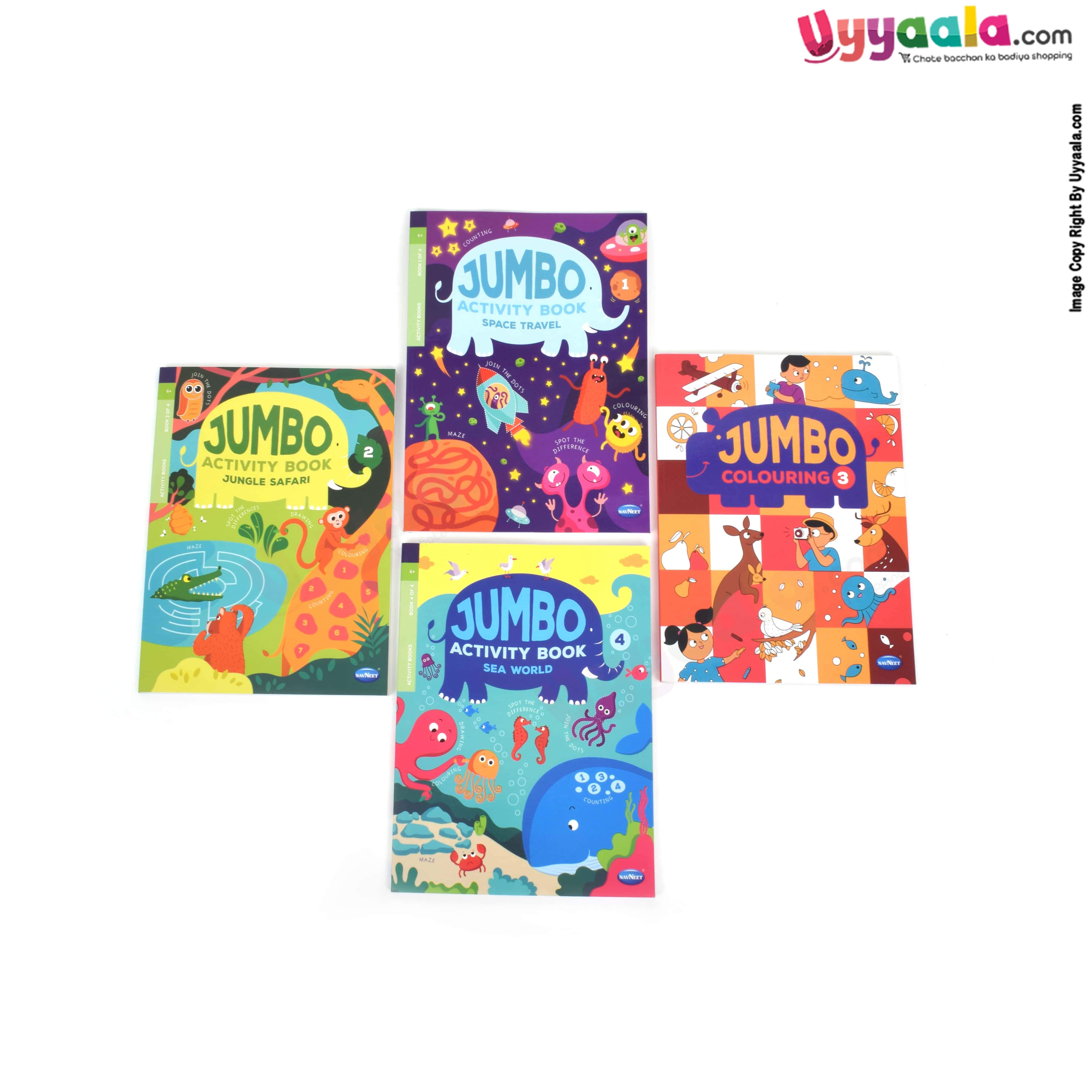 NAVNEET jumbo activity book, pack of 4 - 4 volumes (Sea World, Space Travel, Jungle Safari & Coloring)