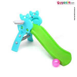 Indoor Slide for kids with 2 Rings & 1 Basket Ball with Hoop 1+ Age Size 170*80*100cms - Blue-Green