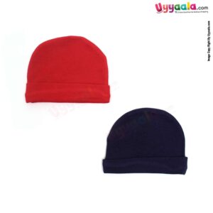 Round Soft Hosiery Cotton Caps for Babies Pack of 2, 0-3m Age - Red & Navy Blue