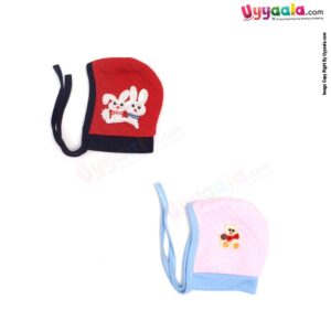 Side Tying Soft Hosiery Cotton Caps for Babies with Teddy Bear, Rabbit Patch Pack of 2, 0-6m age- Pink & Red