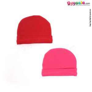 Round Soft Hosiery Cotton Caps for Babies Pack of 2, 0-3m - Red & Pink