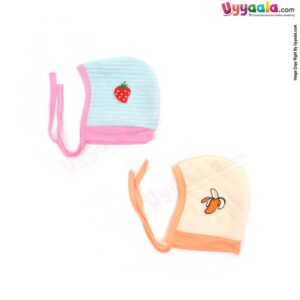 Side Tying Soft Hosiery Cotton Caps for Babies with Banana, Strawberry Patch Pack of 2, 0-6m age- Cream & Sky Blue