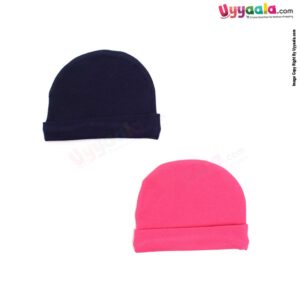 Round Soft Hosiery Cotton Caps for Babies Pack of 2, 0-3 m Age - Pink & Navy Blue