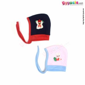 Side Tying Soft Hosiery Cotton Caps for Babies with Teddy Bear, Rabbit Patch Pack of 2, 0-6m age- Navy Blue & Pink