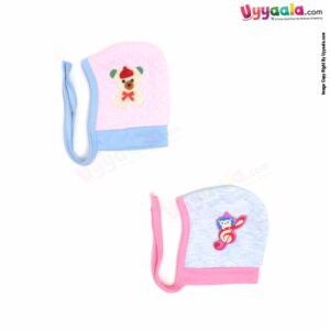 Side Tying Soft Hosiery Cotton Caps for Babies with Teddy Bear & Musical Note Patch Pack of 2, 0-6m age- Pink & Sky Blue