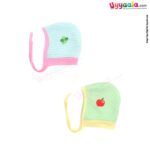 Side Tying Soft Hosiery Cotton Caps for Babies with Apple, Flower Patch Pack of 2, 0-6m age- Light Green & Sky Blue