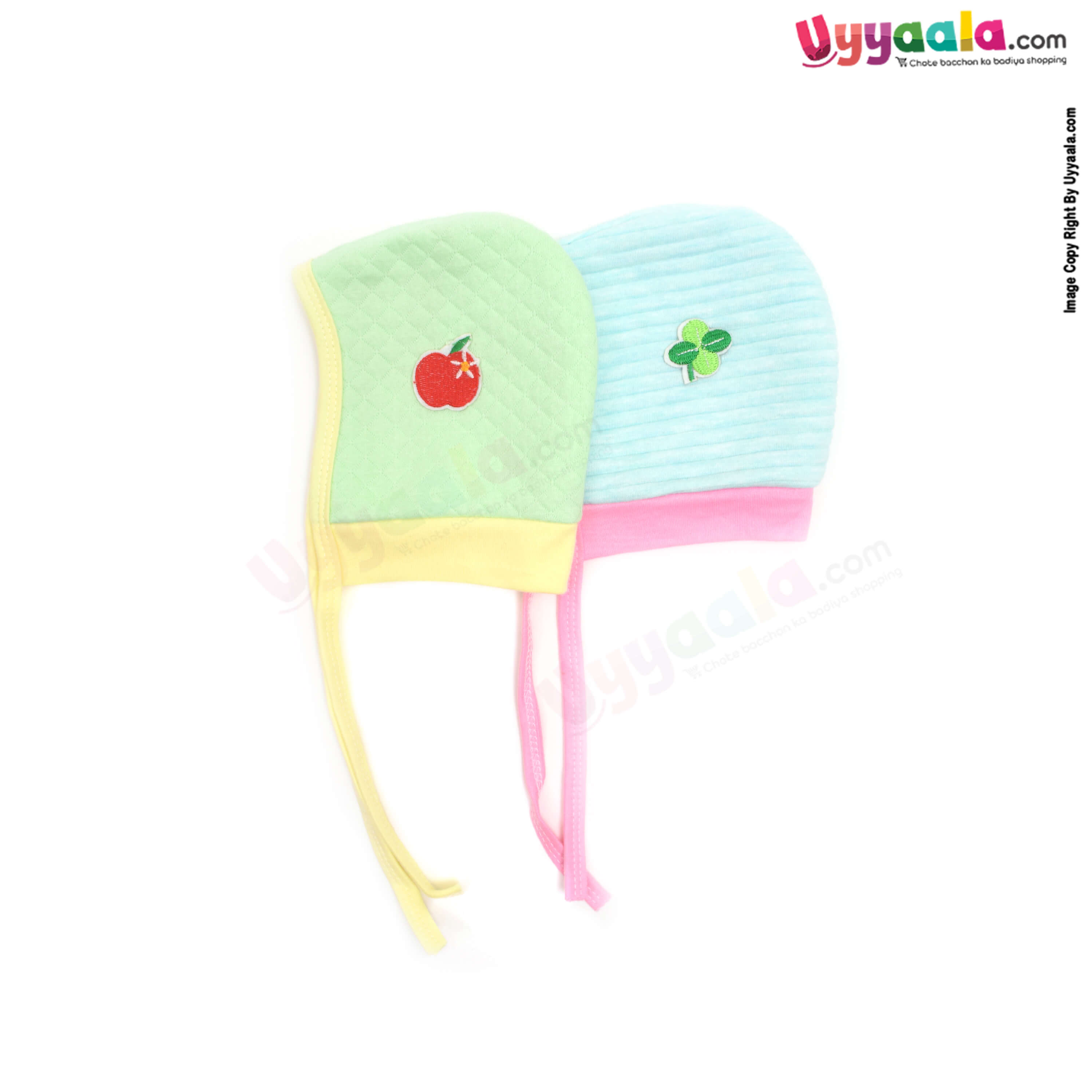 Side Tying Soft Hosiery Cotton Caps for Babies with Apple, Flower Patch Pack of 2, 0-6m age
