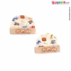 Round Soft Hosiery  Cotton Caps for Babies with Animals Print Pack of 2, 0-3m Age- Cream