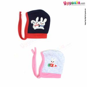 Side Tying Soft Hosiery Cotton Caps for Babies with Rabbit Patch Pack of 2, 0-6m age- Navy Blue & Sky Blue