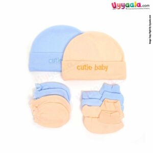 MONTALY Premium Quality Soft Hosiery Cotton Mitten, Booty & Cap Set for Babies Pack of 2 ,0-3m Age- Blue & Orange