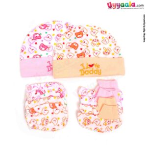 MONTALY Premium Quality Soft Hosiery Cotton Mitten, Booty & Cap Set for Babies with Bear Print Pack of 2 ,0-3m Age- Orange & Pink