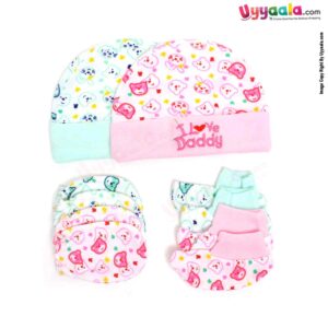 MONTALY Premium Quality Soft Hosiery Cotton Mitten, Booty & Cap Set for Babies with Bear Print Pack of 2 ,0-3m Age- Green & Pink
