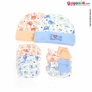 MONTALY Premium Quality Soft Hosiery Cotton Mitten, Booty & Cap Set for Babies Pack of 2 ,0-3m Age- Blue & Orange