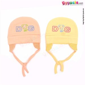 KOOCHIE KOO Fancy Round Cap Tying Model for Babies with Dog Print Pack of 2, 0-12m Age - Orange & Yellow