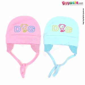KOOCHIE KOO Fancy Round Cap Tying Model for Babies with Dog Print Pack of 2, 0-12m Age - Pink & Sky Blue