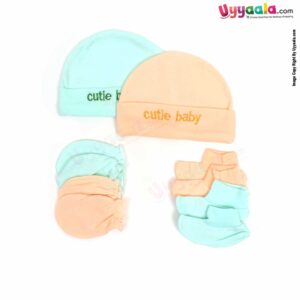 MONTALY Premium Quality Soft Hosiery Cotton Mitten, Booty & Cap Set for Babies Pack of 2 ,0-3m Age- Green & Orange