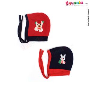 Tying Soft Hosiery Cotton Caps for Babies with Teddy Bear, Rabbit Patch Pack of 2, 0-6m age- Red & Navy Blue