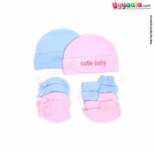 MONTALY Premium Quality Soft Hosiery Cotton Mitten, Booty & Cap Set for Babies with Bear Print Pack of 2 ,0-3m Age- Blue & Pink
