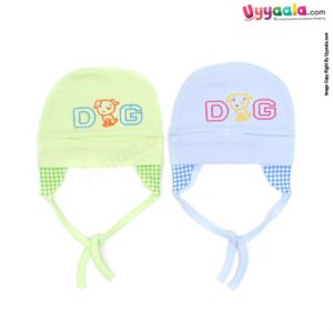 KOOCHIE KOO Fancy Round Cap Tying Model for Babies with Dog Print Pack of 2, 0-12m Age - Blue & Green
