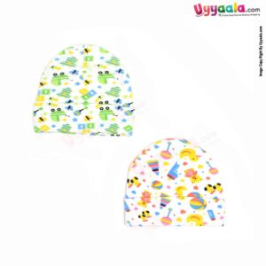 Fancy Round Cap for Babies with Stretchable Soft Hosiery Material with Print, pack of 2 0-6m Age- Multi Color