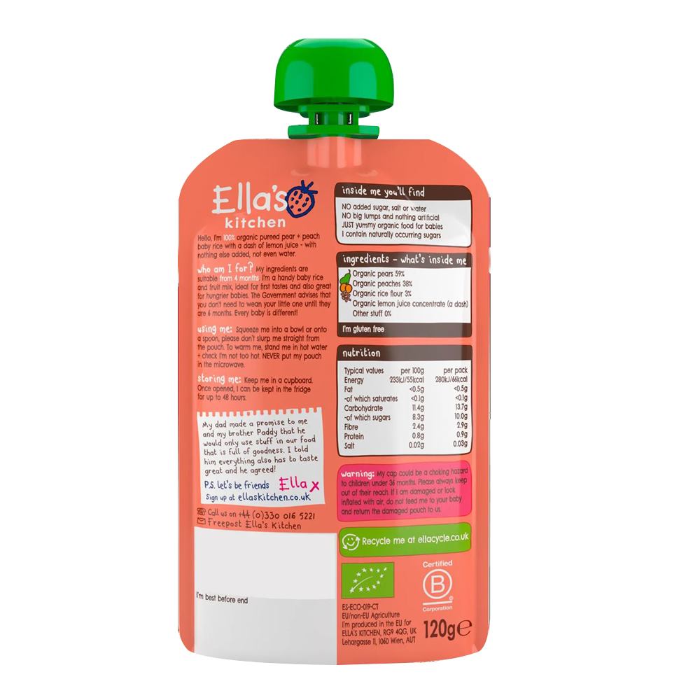 Ella's Kitchen Organic Baby Rice with Pear, Peach - 120gms