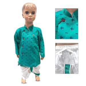 Pattu Silk Kurta, Pajama & Dhoti Set with Collar embroidery - Green
