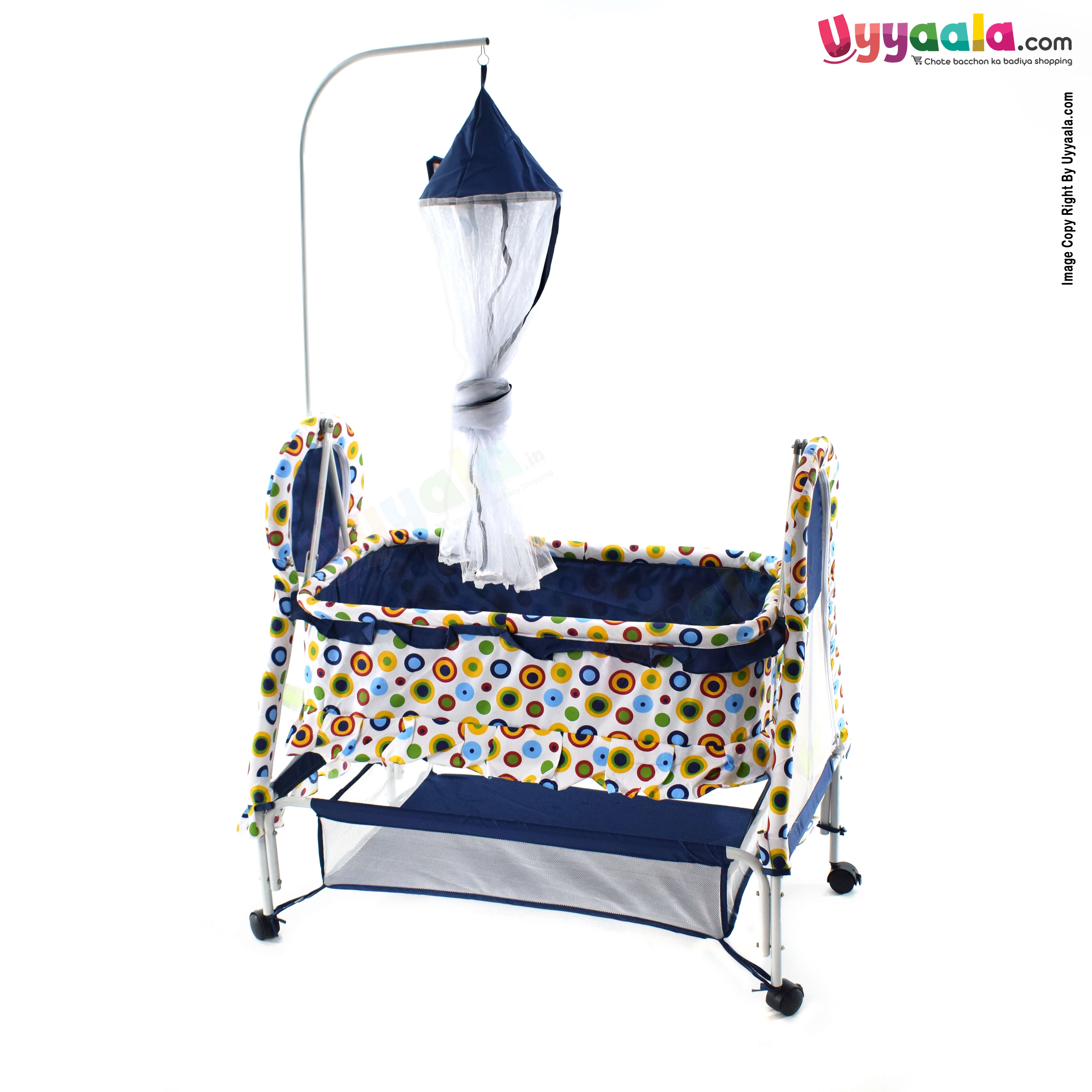 Baby Umbrella Cradle With Mosquito Net Circles Print Navy Blue