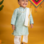 Buy Boys Pattu Silk Kurta, Pajama & Dhoti Set with Collar embroidery - Turquoise Online in India at uyyaala.com