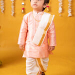 Buy Boys Pattu Silk Kurta, Pajama & Dhoti Set with Collar embroidery - Pink Online in India at uyyaala.com