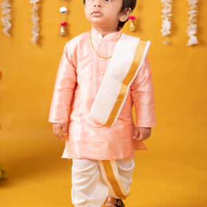 Buy Boys Pattu Silk Kurta, Pajama & Dhoti Set with Collar embroidery - Pink Online in India at uyyaala.com