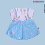 WOW, Branded Short Sleeve Frock with Bloomer For Girls Soft Hosiery Cotton - Blue & White with Rabbit Patch & Print