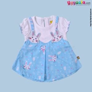 WOW, Branded Short Sleeve Frock with Bloomer For Girls Soft Hosiery Cotton - Blue & White with Rabbit Patch & Print
