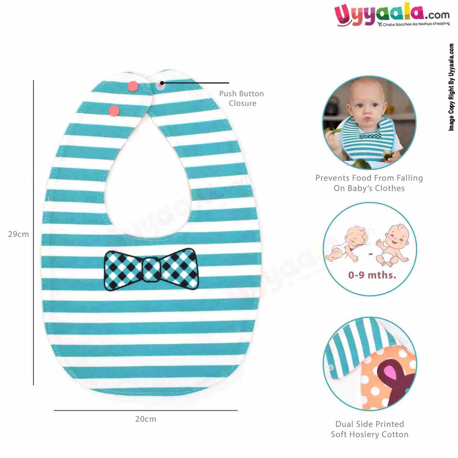 Baby Bib Soft Hosiery Cotton 2 in 1 Usable with Stripes & White Dots Print for Newborn, Size (29.5*20cm) - Light Green & Orange