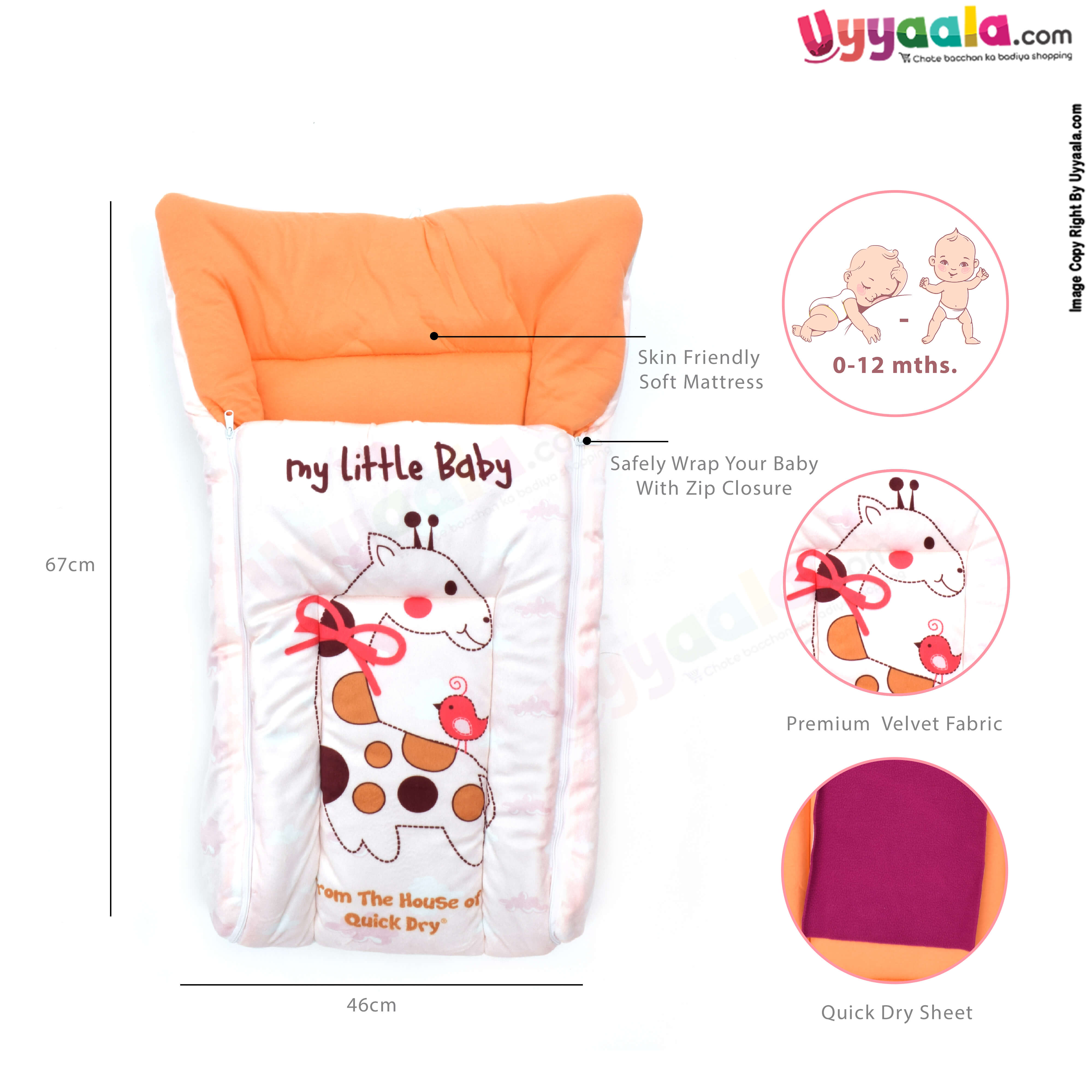 Quick Dry Sleeping Bag (Carry Nest) Premium Velvet For Babies 0-12m Age, Size(67*46cm)- Cream