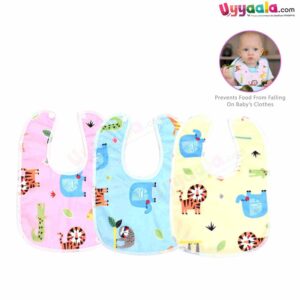 Baby Bib One Side Velvet & Another Side PVC with Animals Print for Newborn Pack of 3,Size(28.5*19.5cm)- Multi color