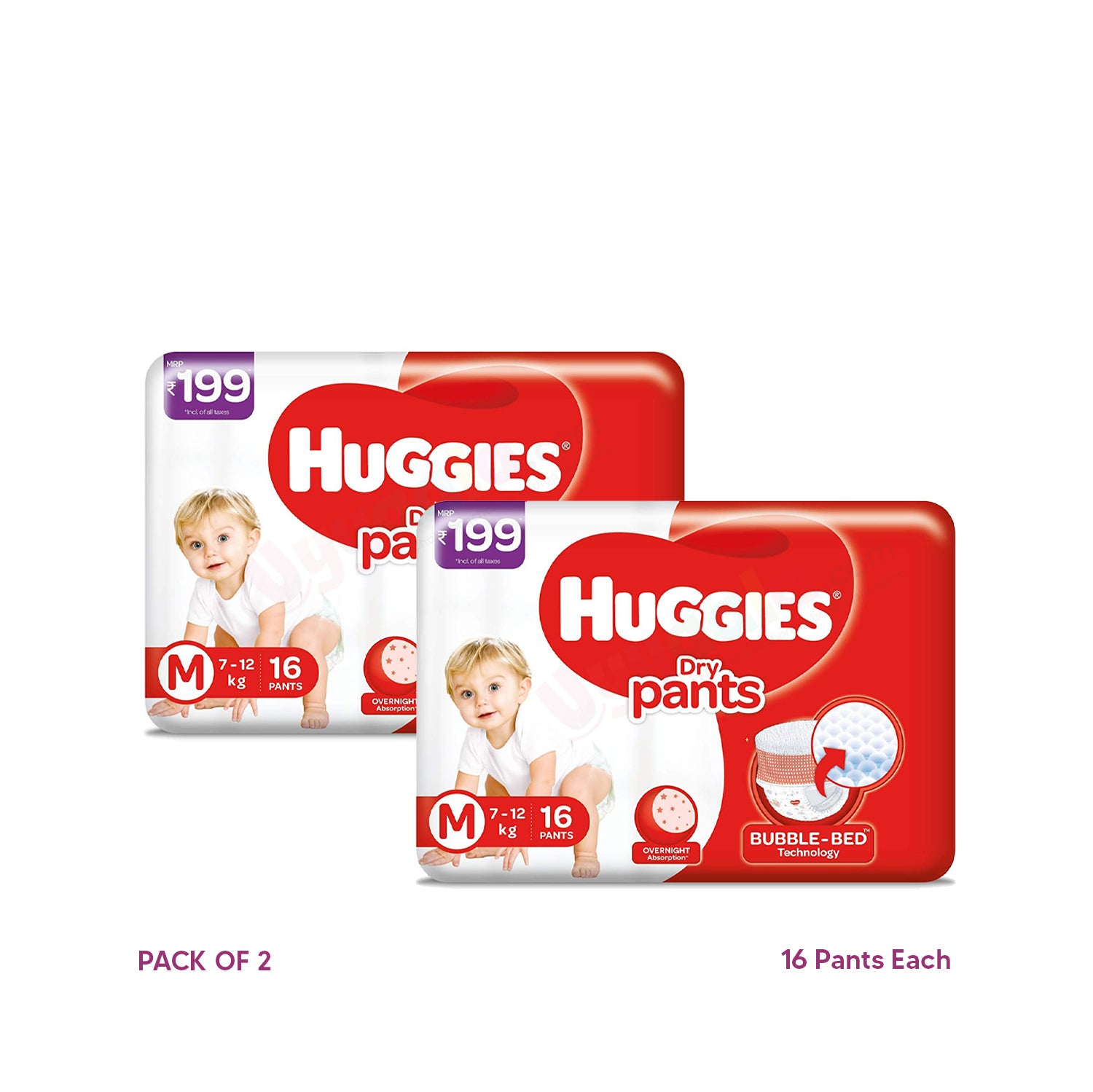 HUGGIES Dry Pants Medium (7 to 12Kg), Pack of 2, each 16pcs