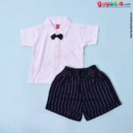 WOW, Branded Short Sleeve Dungaree with Bow Front Open Button Model Soft Hosiery Cotton, Mouse Patch - White & Navy Blue with White stripes