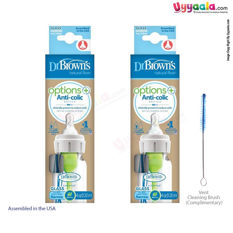 Dr Browns Glass feeding Bottle narrow neck options+ anti colic 120ml,0+months (Pack of 2)