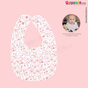 Baby Bib Soft Hosiery Cotton 2 in 1 Usable with Bow & Floral Print for Newborn, Size (29.5*20cm)- Peach & White