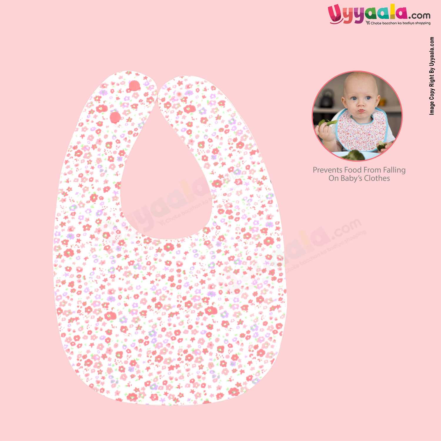 Baby Bib Soft Hosiery Cotton 2 in 1 Usable with Bow & Floral Print for Newborn, Size (29.5*20cm)- Peach & White