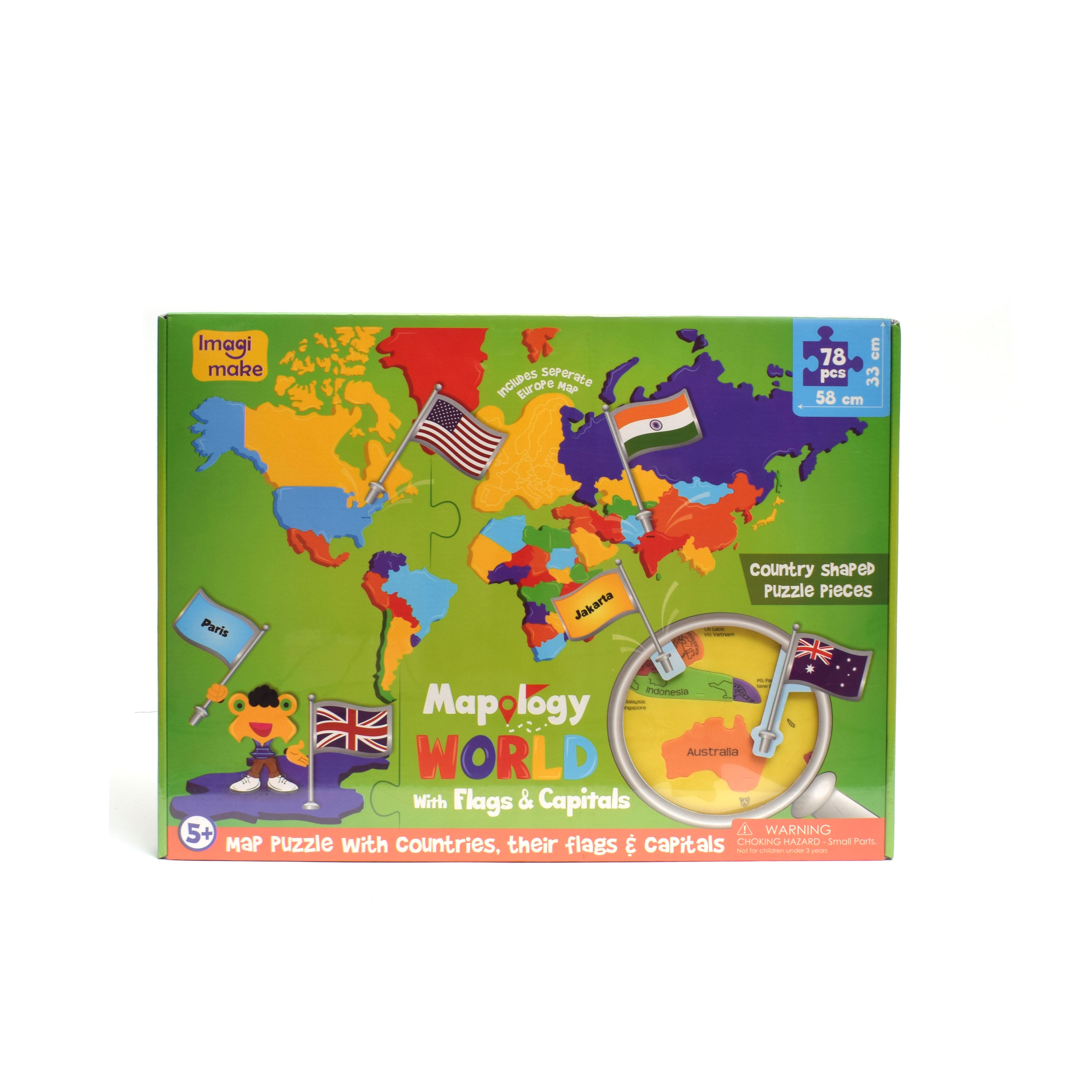 MALPOLOGY WORLD with flags & capitals map puzzle with countries for kids 78 pcs
