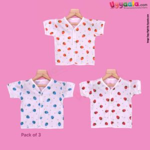 Front open half sleeve jablas, hosiery cotton, Pack of 3 - white with strawberry print