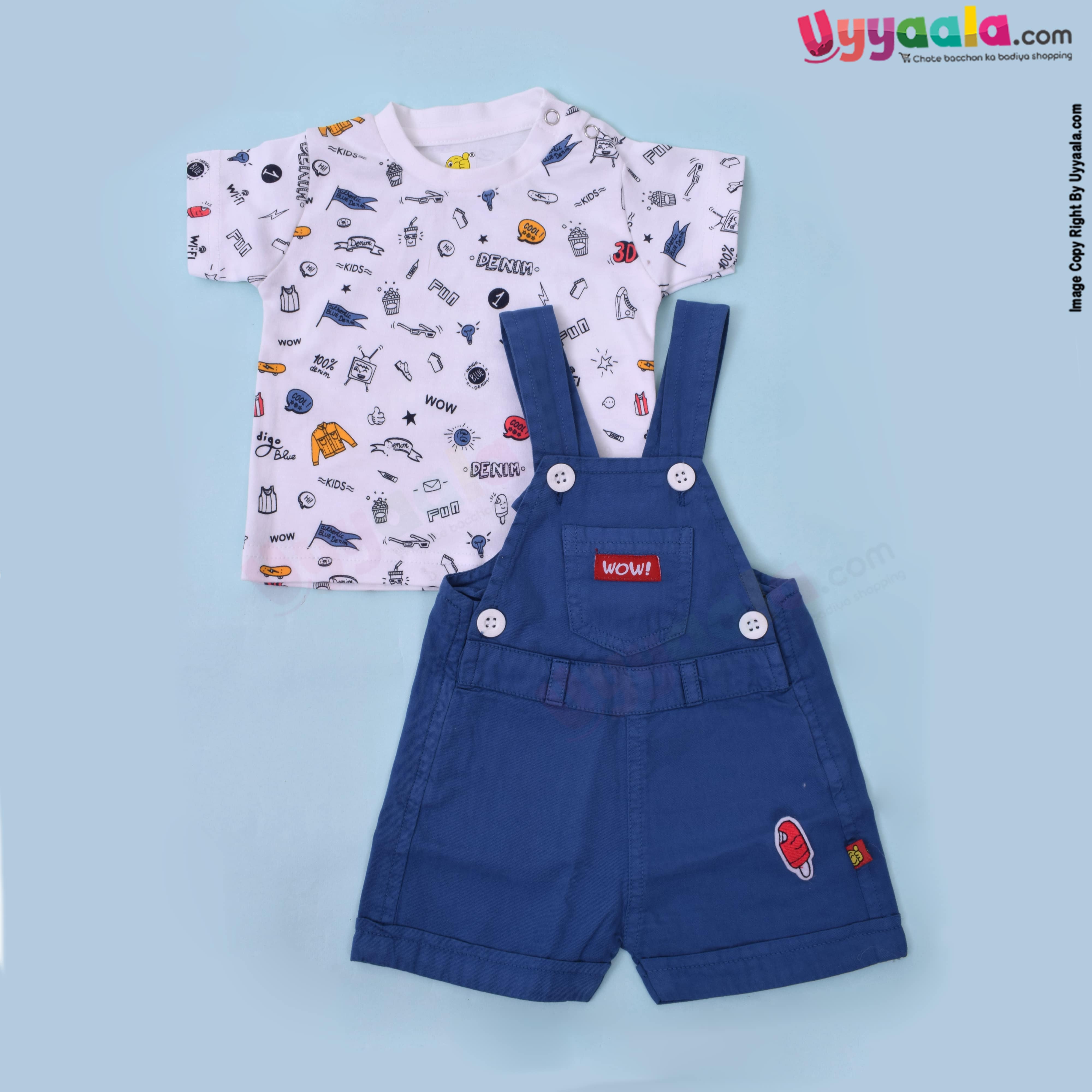 WOW, Branded Short Sleeve Dungaree For Boys & Girls Soft Hosiery Cotton - Blue & White with Multi-Prints
