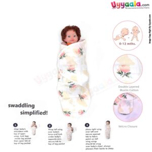 BANANA BABY double Layered Muslin Cotton Swaddle Adjustable Wrapper with Floral Print for Babies 0+12m Age, Size(74*57cm)-White