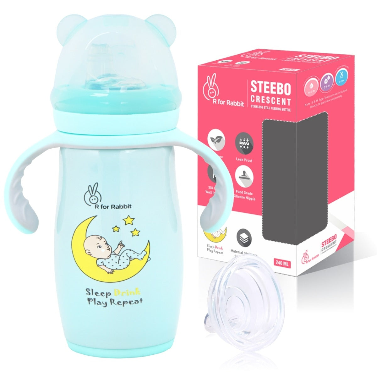 R FOR RABBIT Steebo Crescent Stainless Steel Feeding Bottle With Twin Handle - Blue 240ml