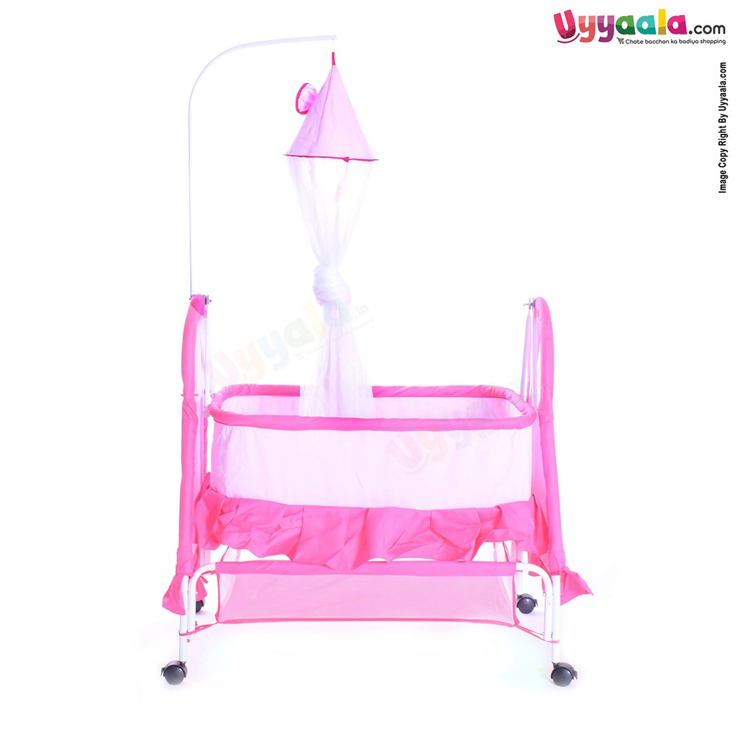 Baby Cradle With Mosquito Protection Net, Storage Space & Wheel Locking System
