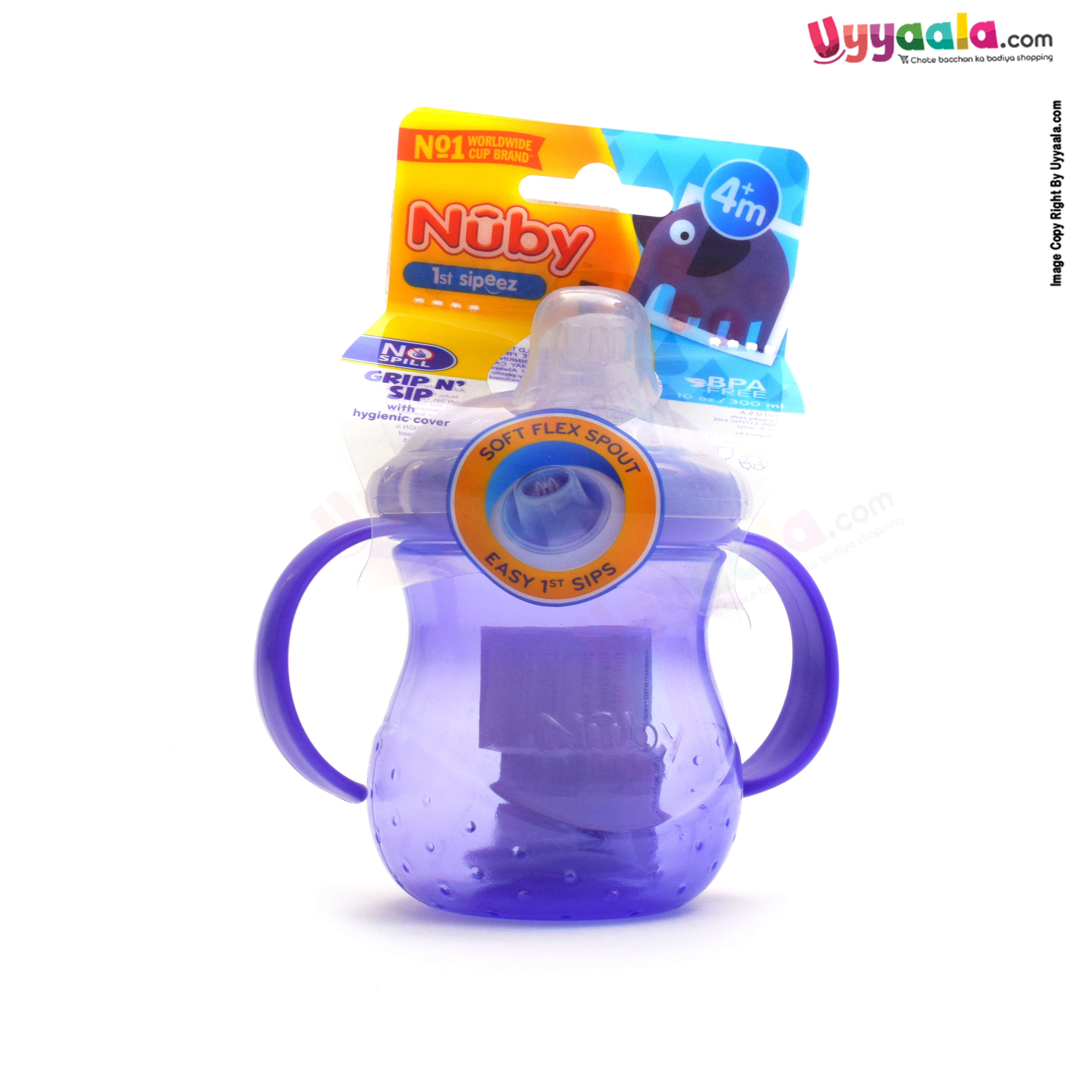 Nuby 1st Sipeez 'Grip n Sip' With Hygienic Cover Sipper Soft Flex Spout 300ml 4+m Age - Purple